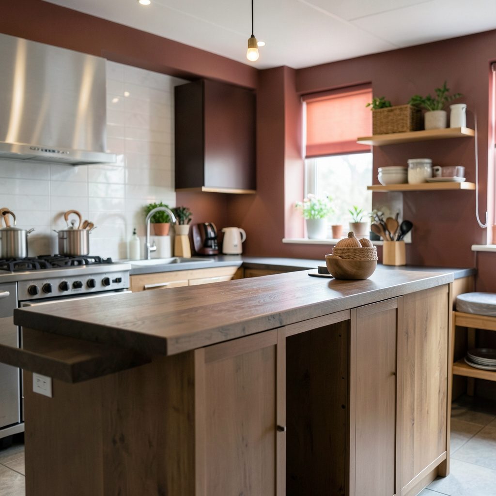 Fresh prepared healthy dish plated with colorful vegetables and greens in a rustic kitchen setting with warm tones