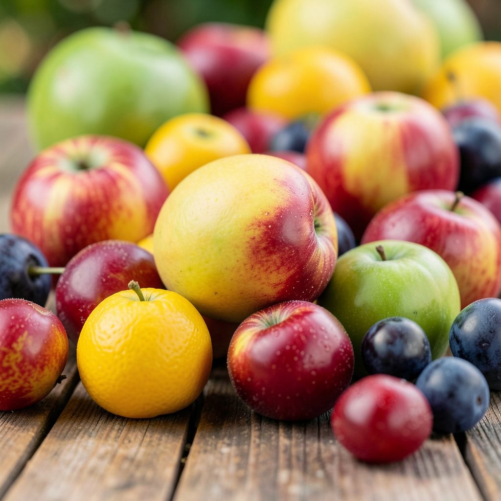 Soft, sunlit close-up of ripe whole and sliced fruits in warm amber, blush, and green tones; fresh, wholesome, and inviting.
