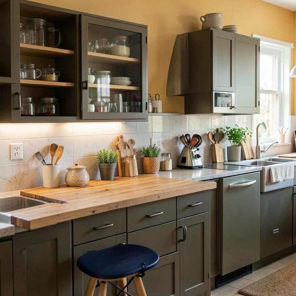 Overhead arrangement of colorful fresh vegetables and prepared dishes with warm orange and green tones, conveying a wholesome, healthy kitchen mood