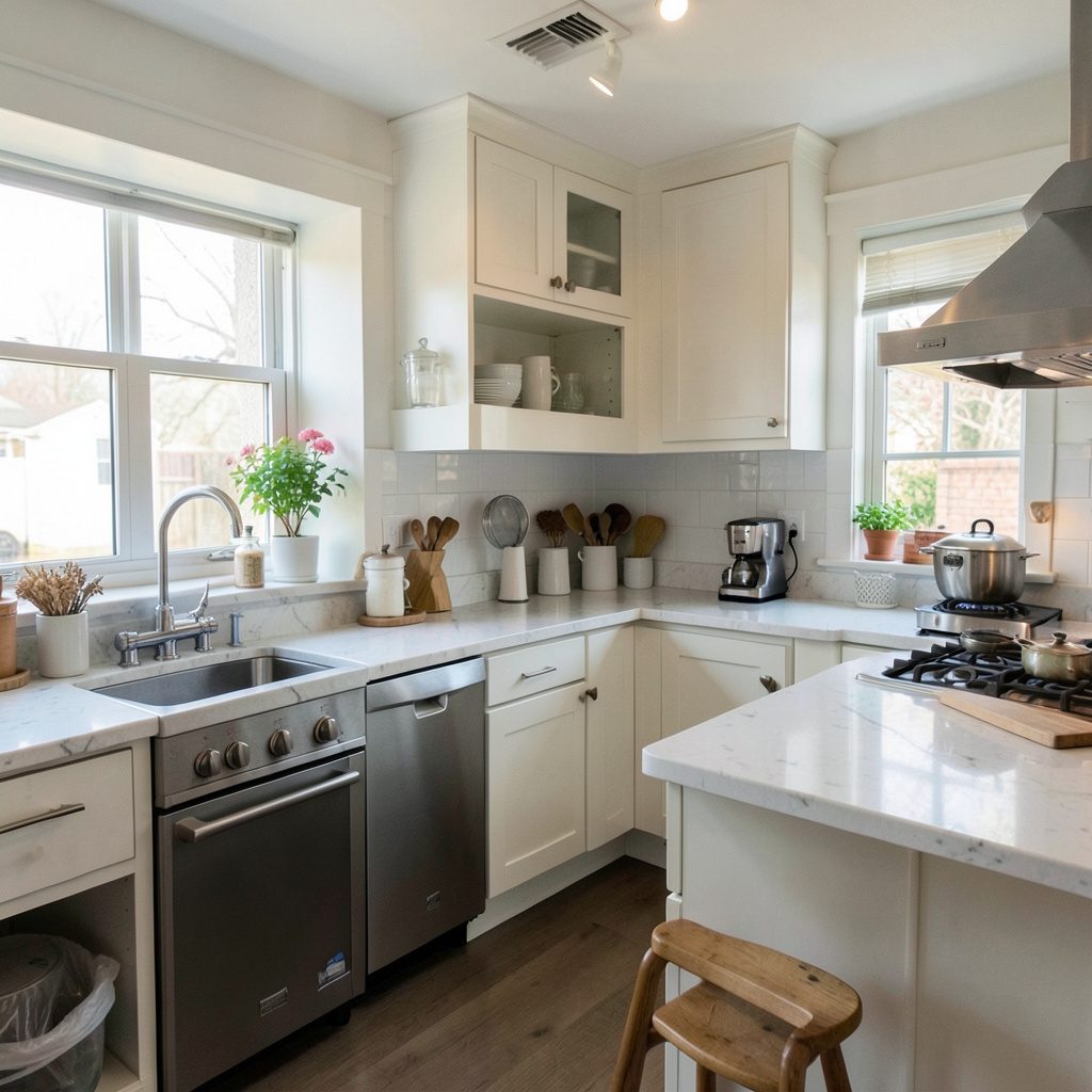 Warm rustic kitchen counter scene with wooden boards and soft amber light, inviting and homey